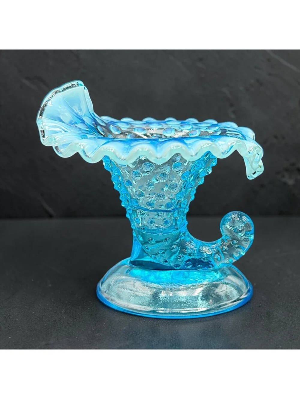 Vintage Fenton Blue Opalescent Hobnail Cornucopia Vase Candleholder 4.5